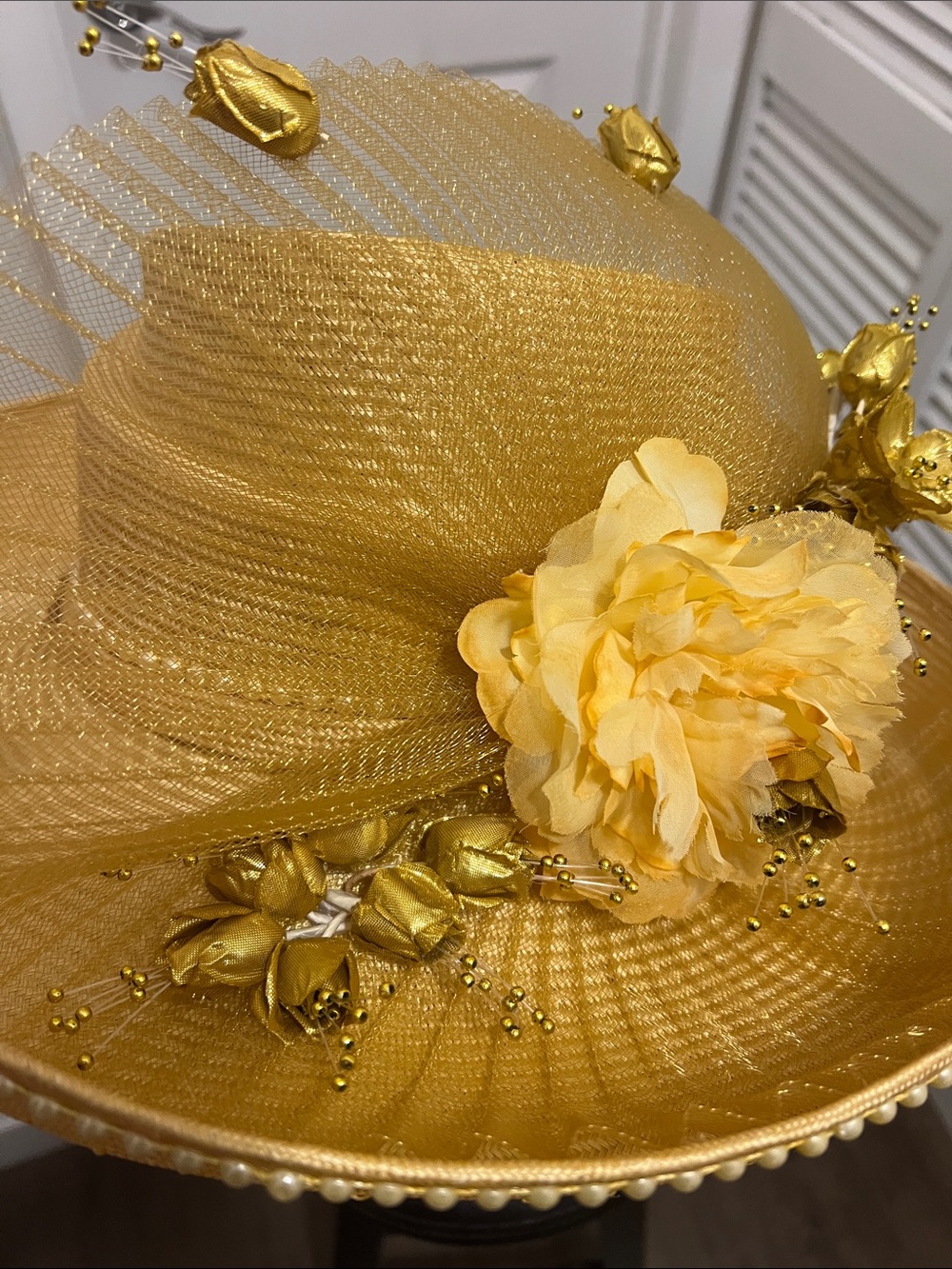 Gold Floral Women's Dress Hat with Decorative Bloom